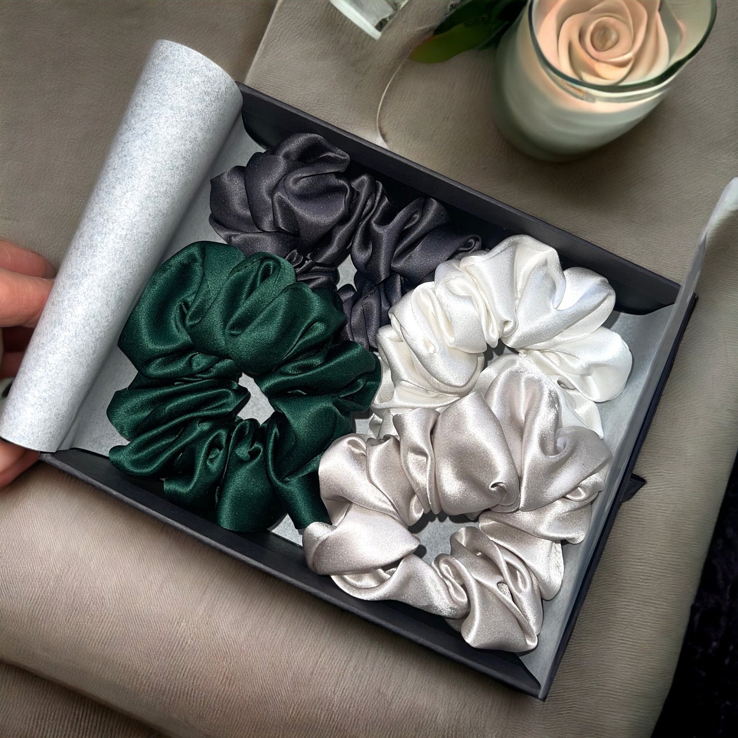 mulberry silk scrunchie set. green, champagne. extra soft, dimo gift box