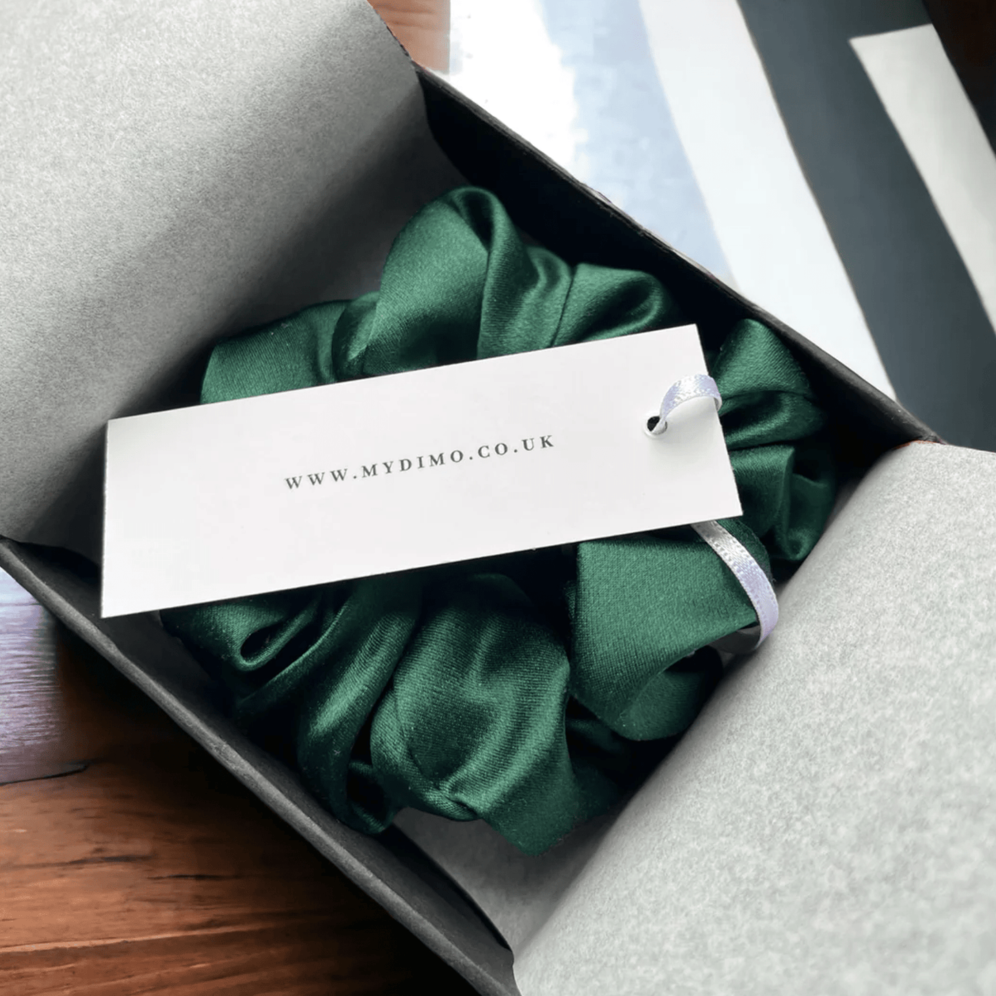 Silk scrunchie by dimo, in a beautiful gift box in emerald green