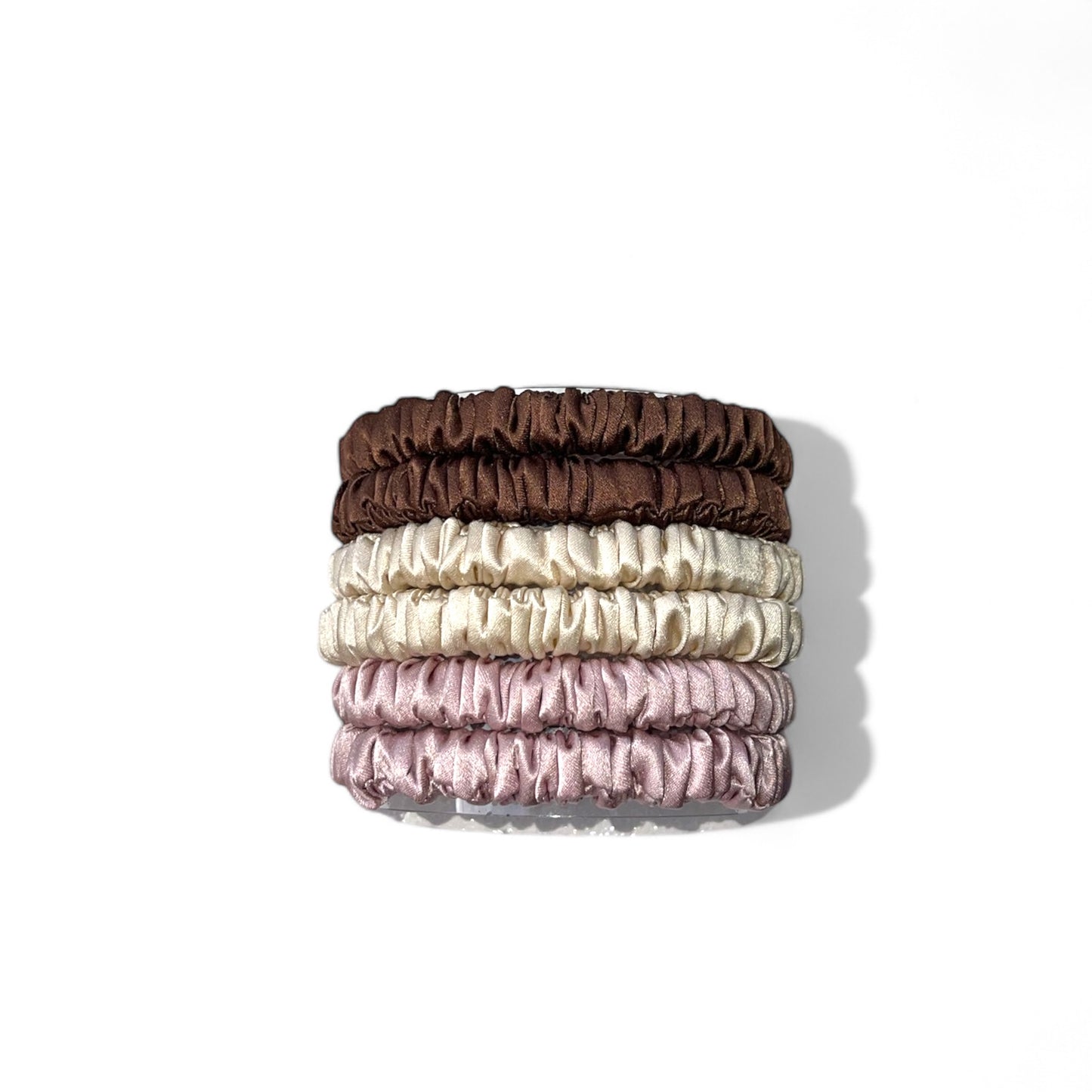 set of 6 silk skinny hair tiers in golden, blush and brown colors made by dimo uk