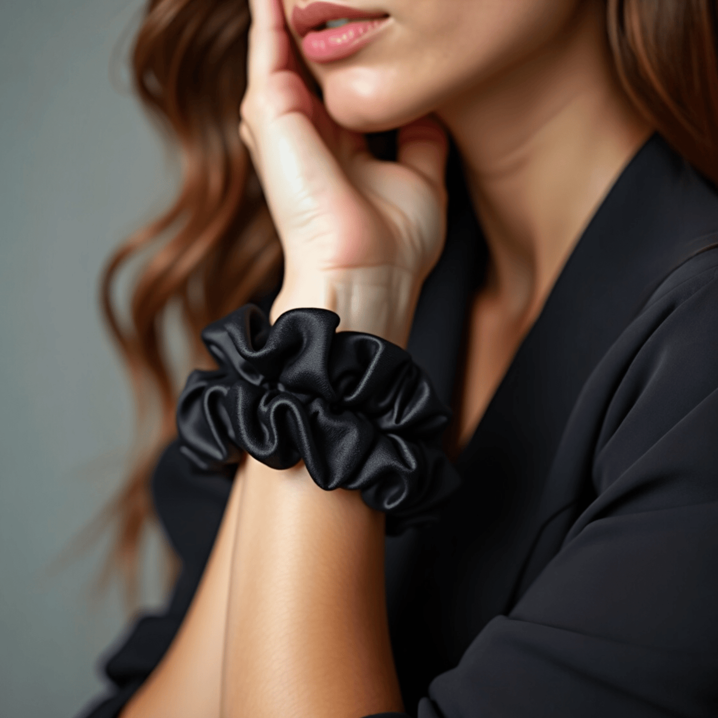 model wearing silk scrunchie by dimo around her wrist, black color