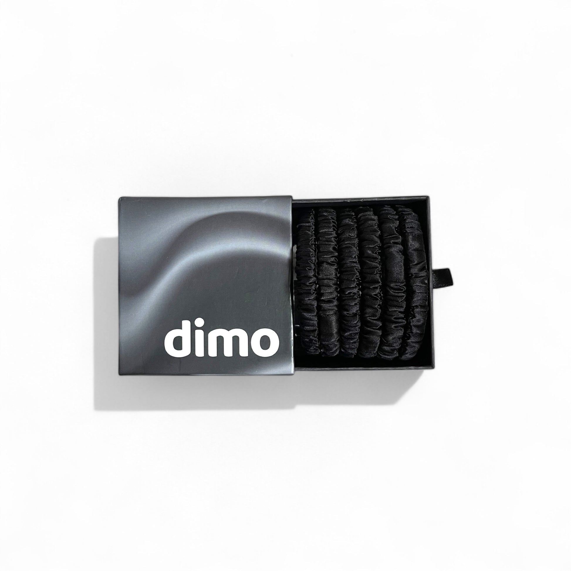 dimo silk gift box of skinny silk scrunchies made of 22 momme silk to promote hair health 