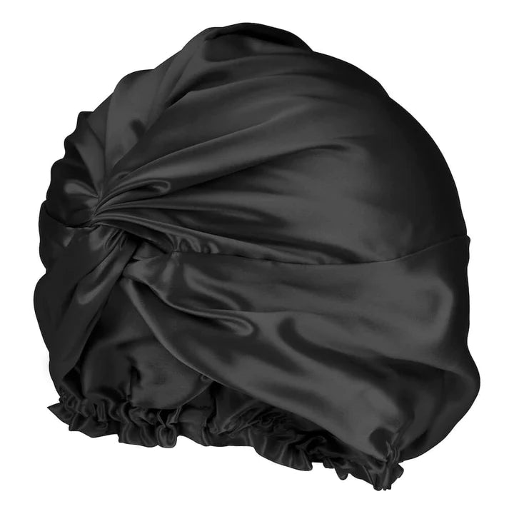 Black silk turban by dimo designed to protect your hair overnight 