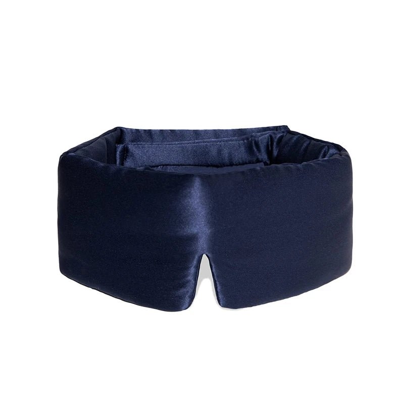 Premium blackout silk sleep mask in black, made with 100% mulberry silk for a luxurious and restful sleep experience, in navy