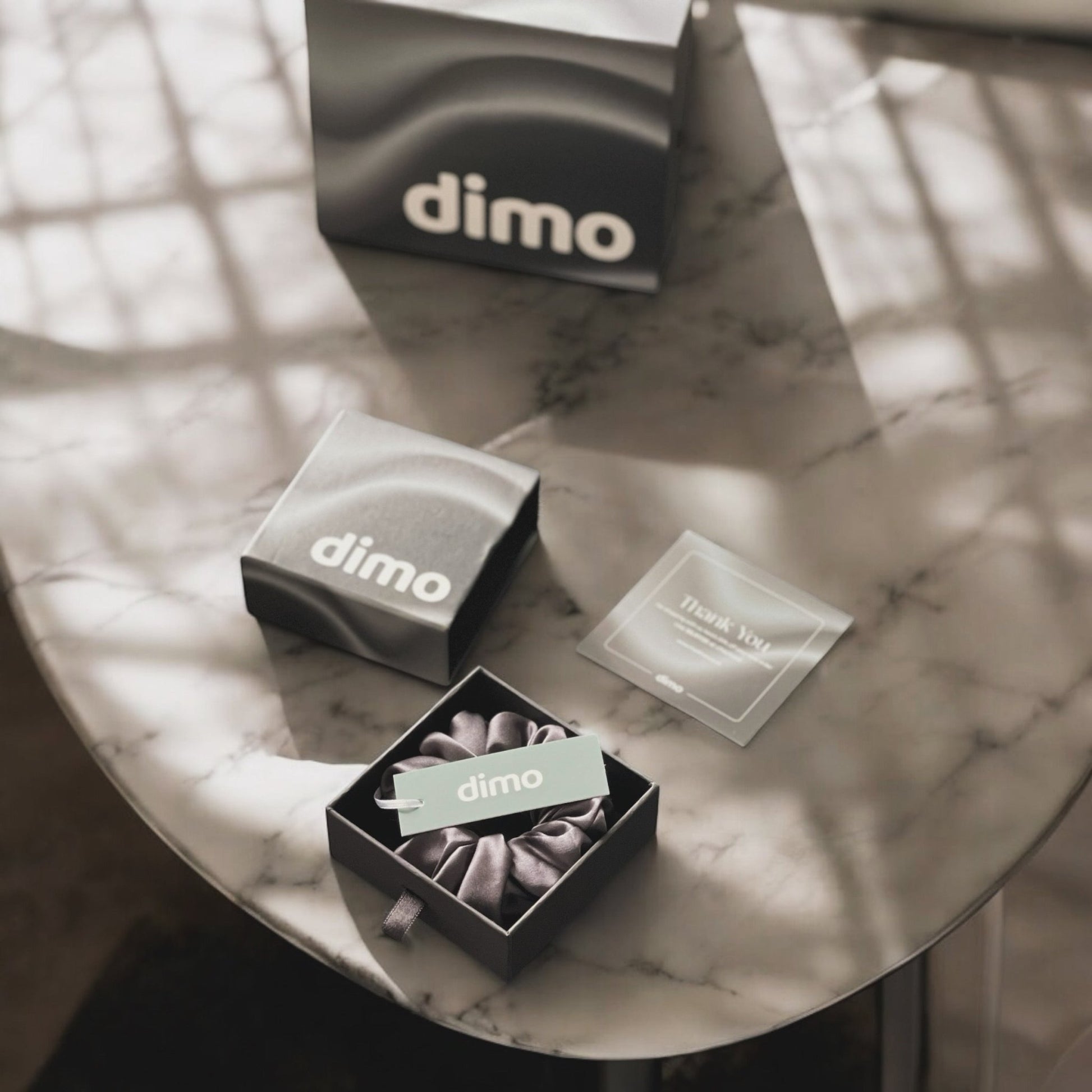 dimo silk gift box, grey silk scrunchie, holiday gift 