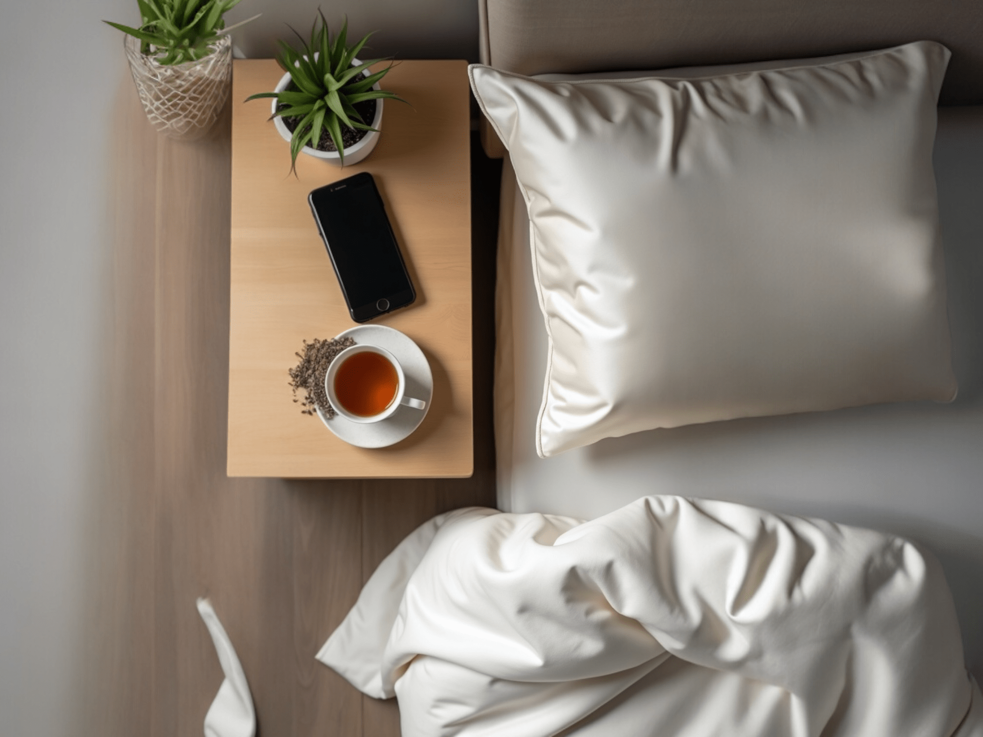 silk pillowcase on bed, by night stand