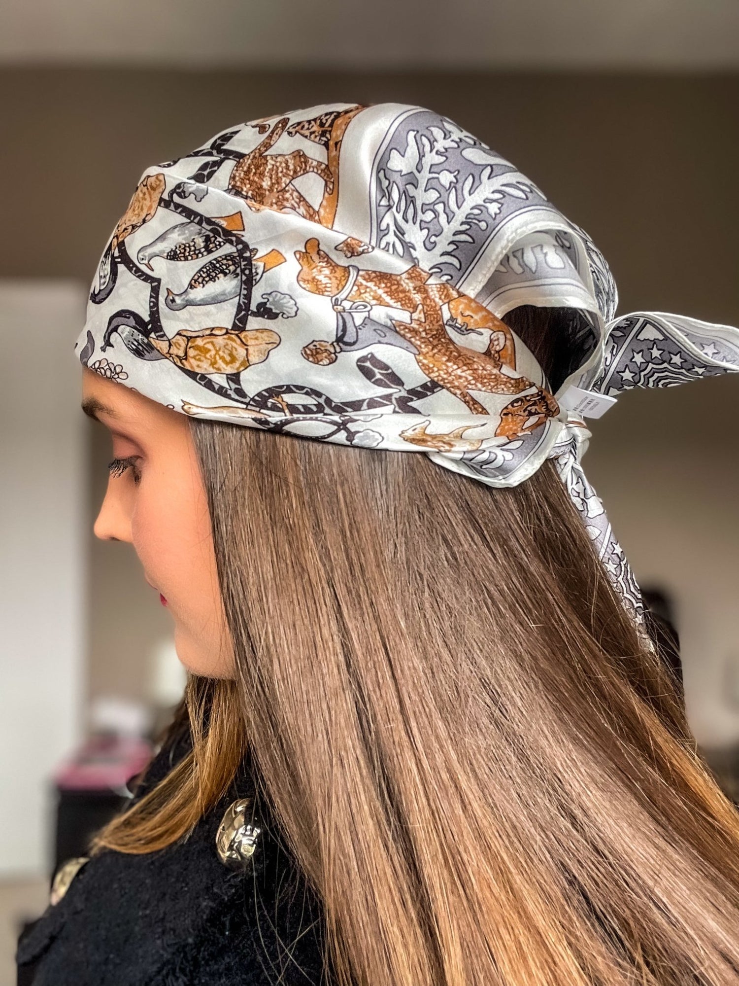 model wearing printed silk head scarf by dimo accessories